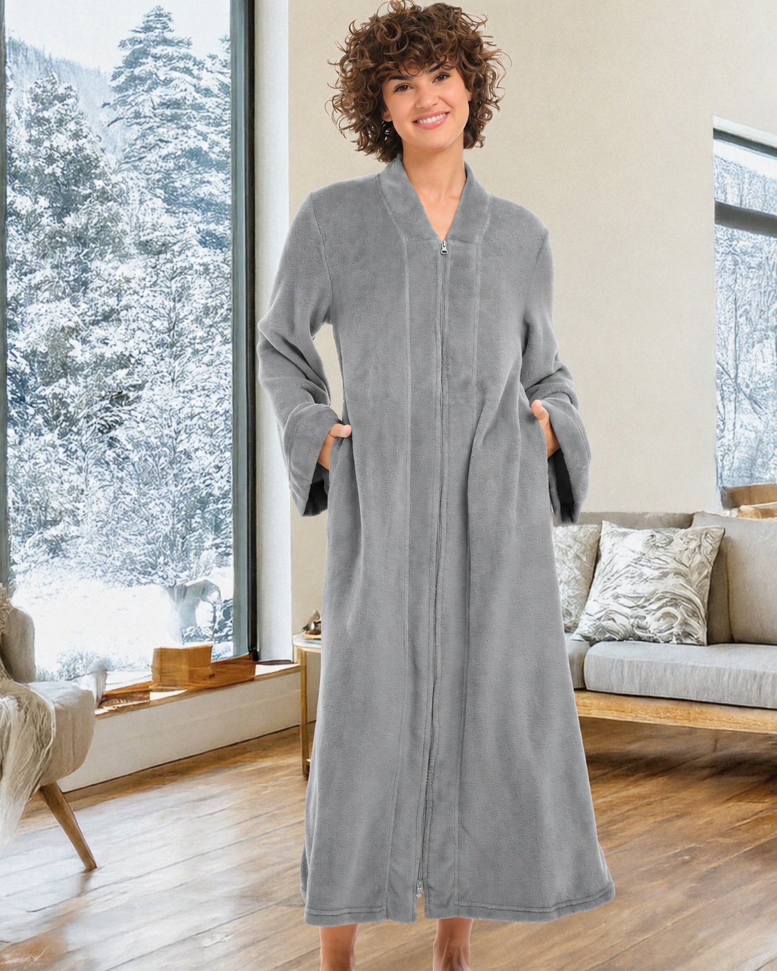 Womens Steel Gray Zip Up Kimono Robe, Japanese Robe for Women