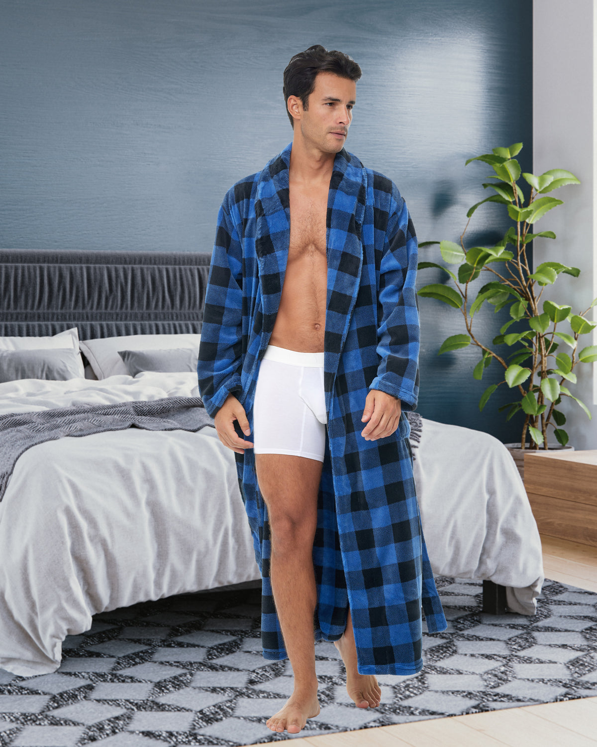 Men's Blue Buffalo Check Plaid Ultra Plush Fleece Robe, Big and Tall Winter Bathrobe