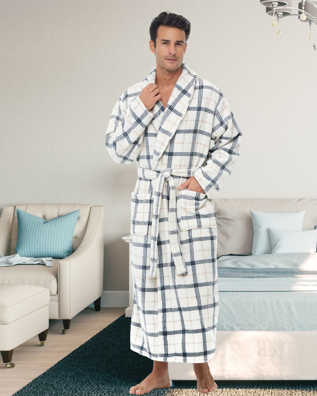 Men's Classic Neutral Plaid Ultra Plush Fleece Robe, Big and Tall Winter Bathrobe
