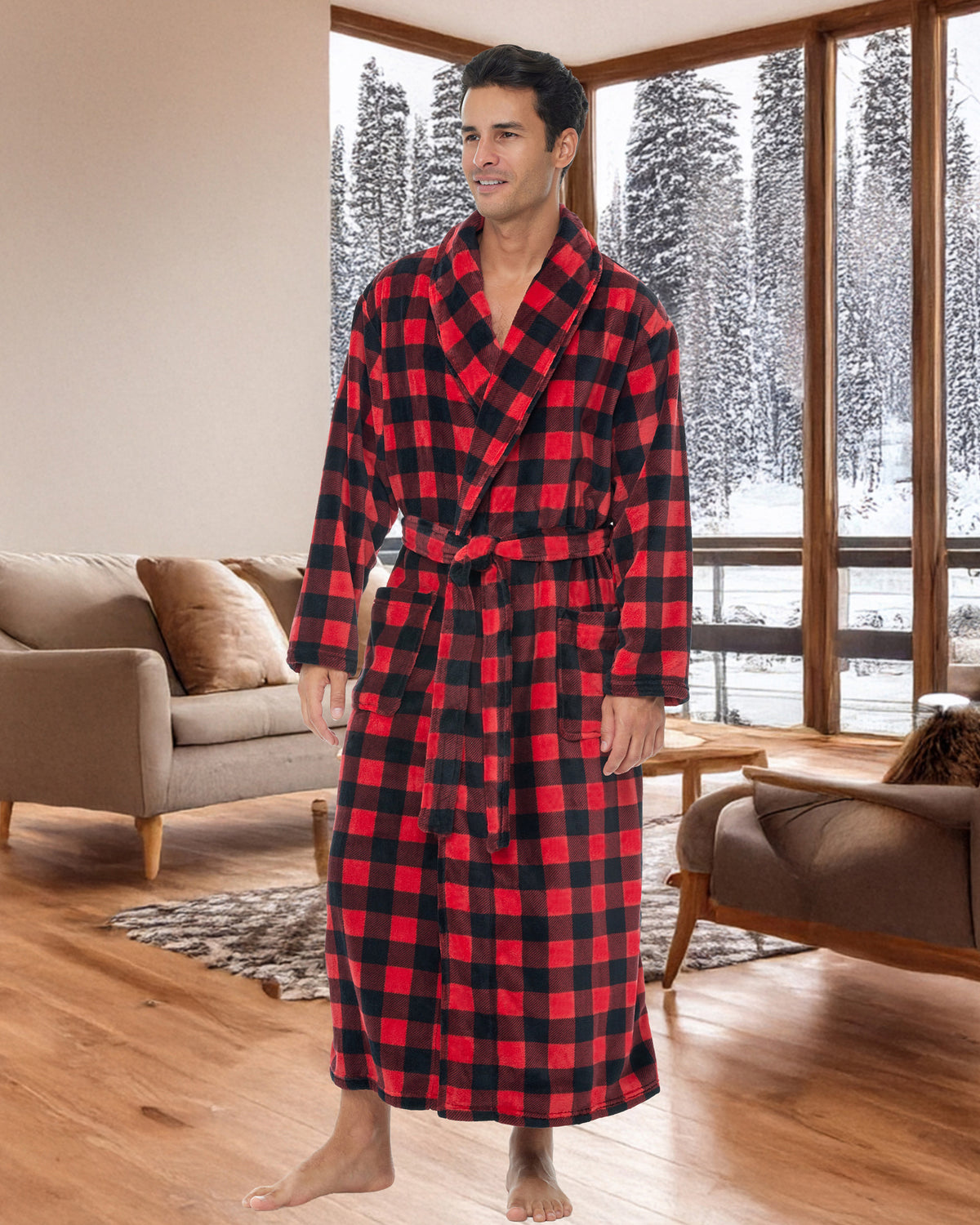 Men's Red Black Buffalo Check Plaid Ultra Plush Fleece Robe, Big and Tall Winter Bathrobe