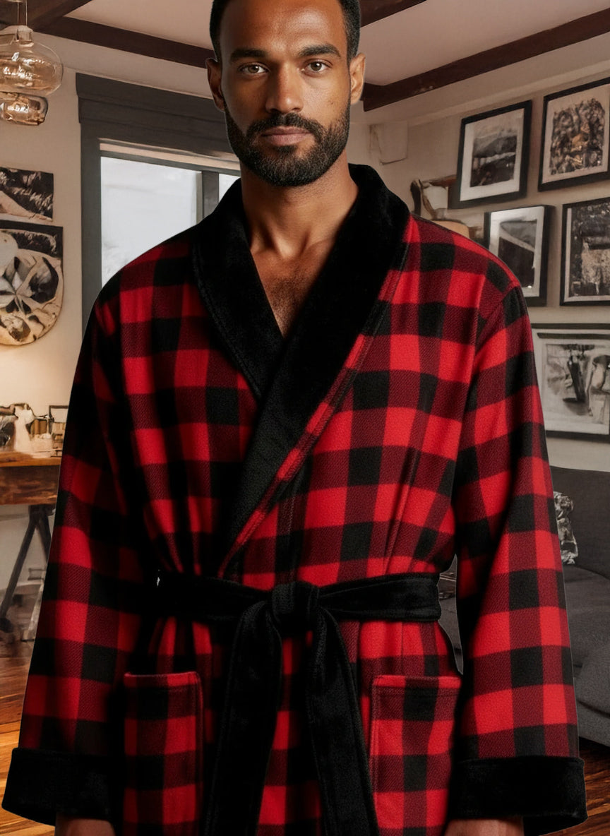 Men's Red Black Buffalo Check Plaid with Black Ultra Plush Fleece Robe, Big and Tall Winter Bathrobe