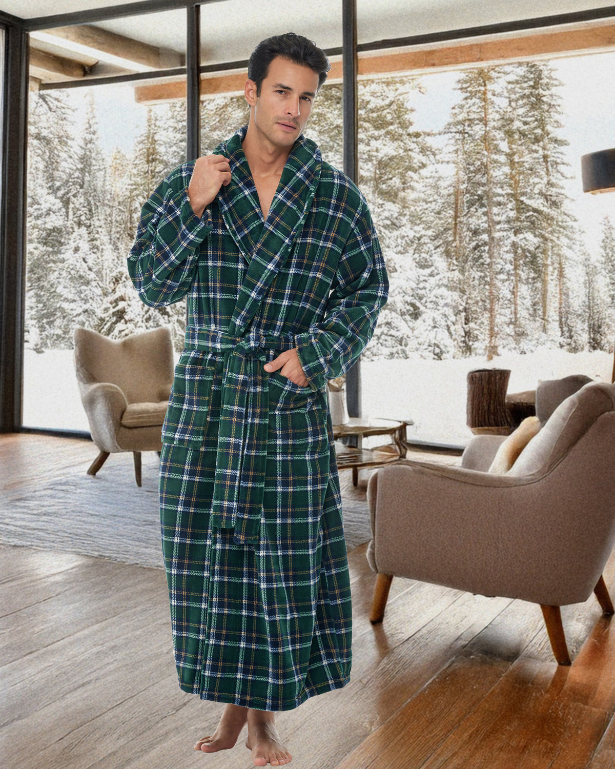 Men's Hunter Green Plaid Ultra Plush Fleece Robe, Big and Tall Winter Bathrobe