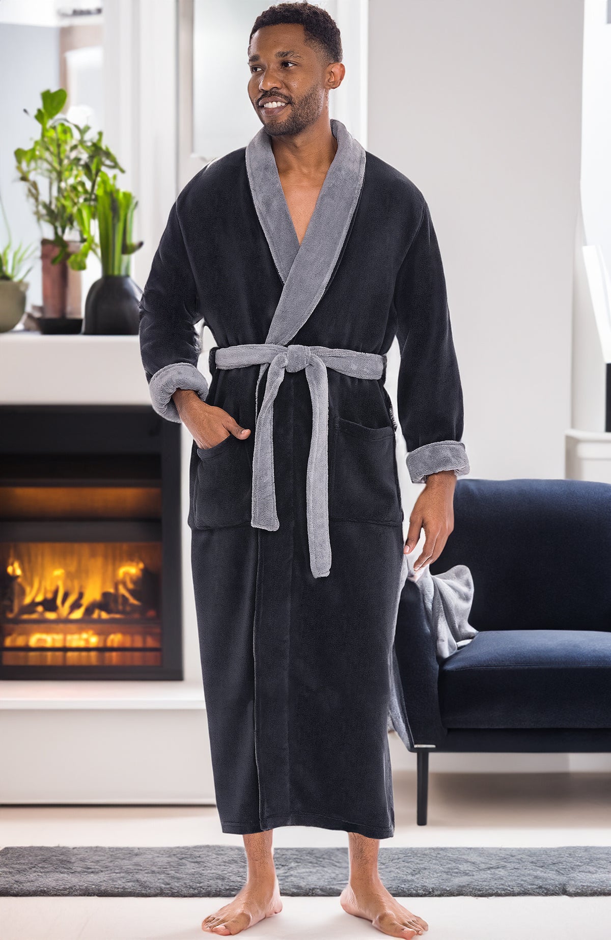 Men's Black with Gray Contrast Ultra Plush Fleece Robe, Big and Tall Winter Bathrobe