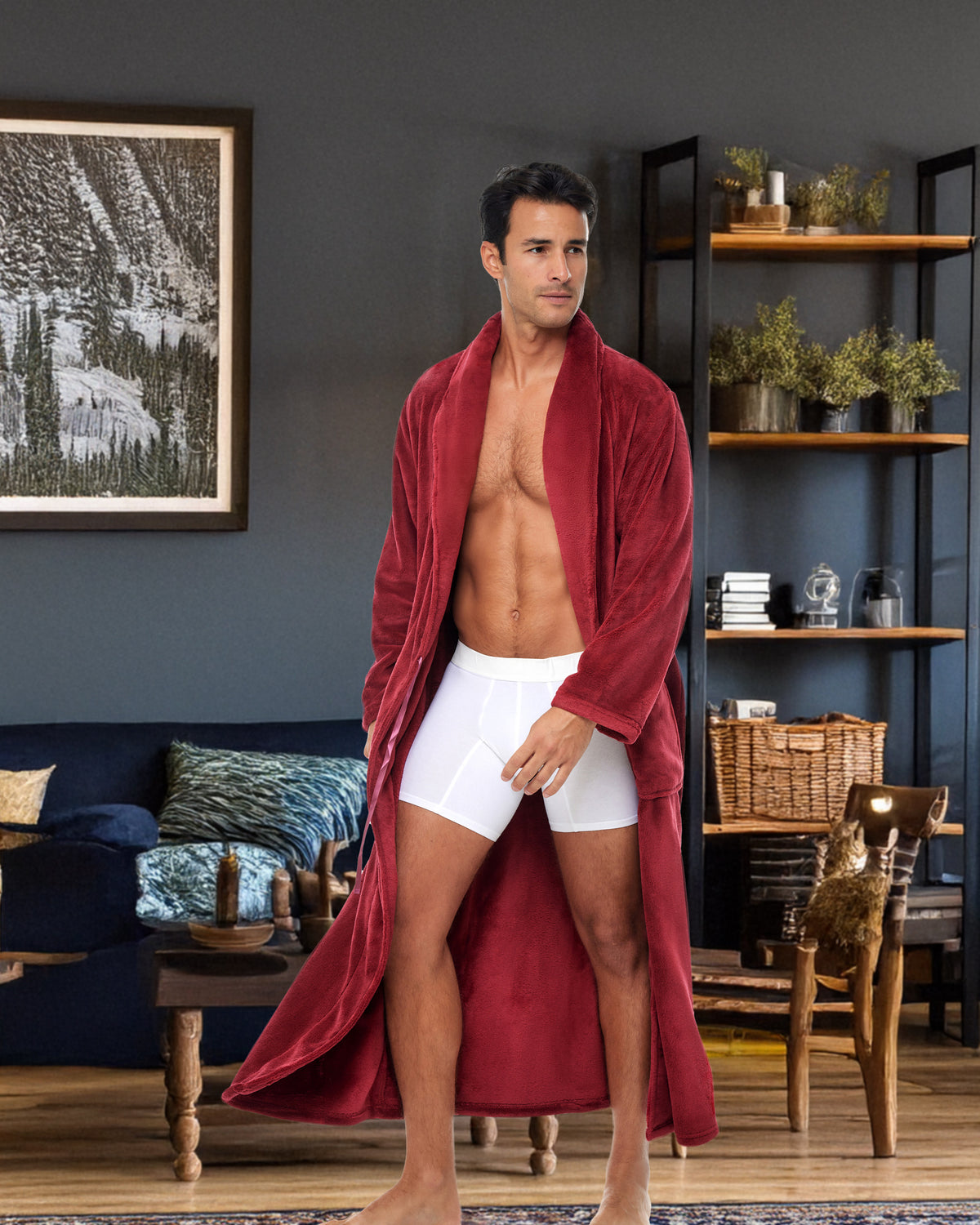Men's Burgundy Ultra Plush Fleece Robe, Big and Tall Winter Bathrobe