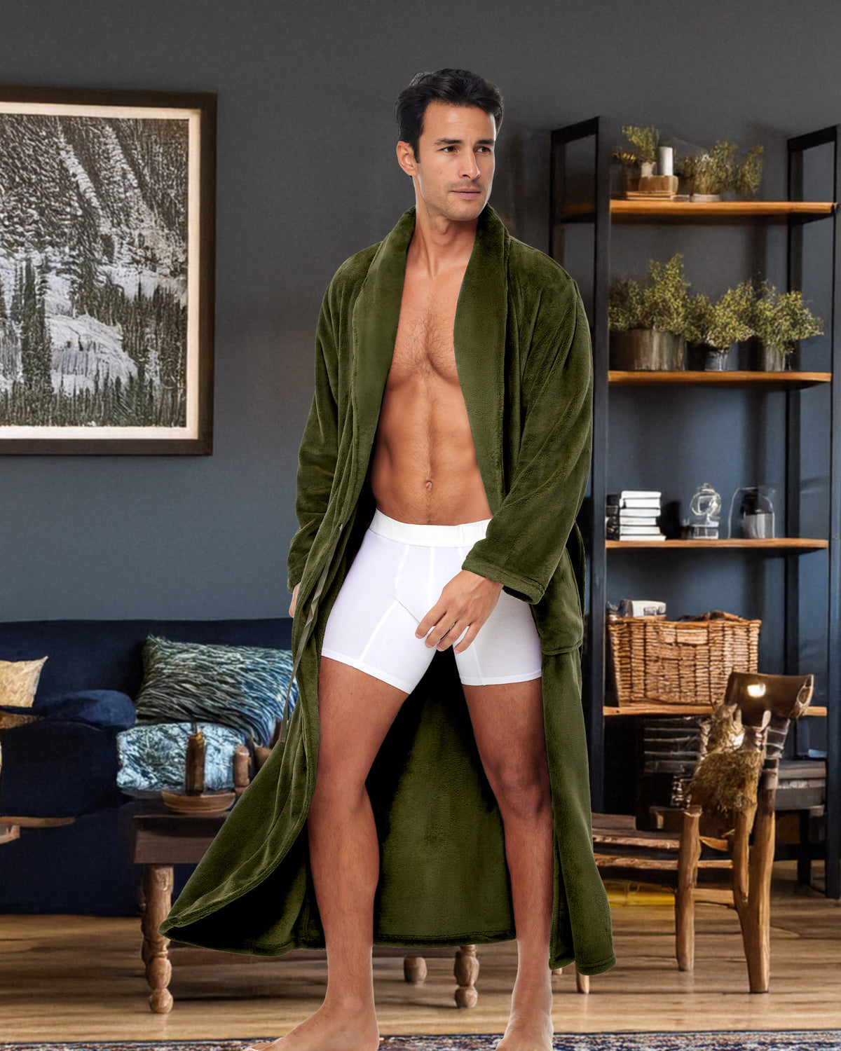 Men's Army Green Ultra Plush Fleece Robe, Big and Tall Winter Bathrobe