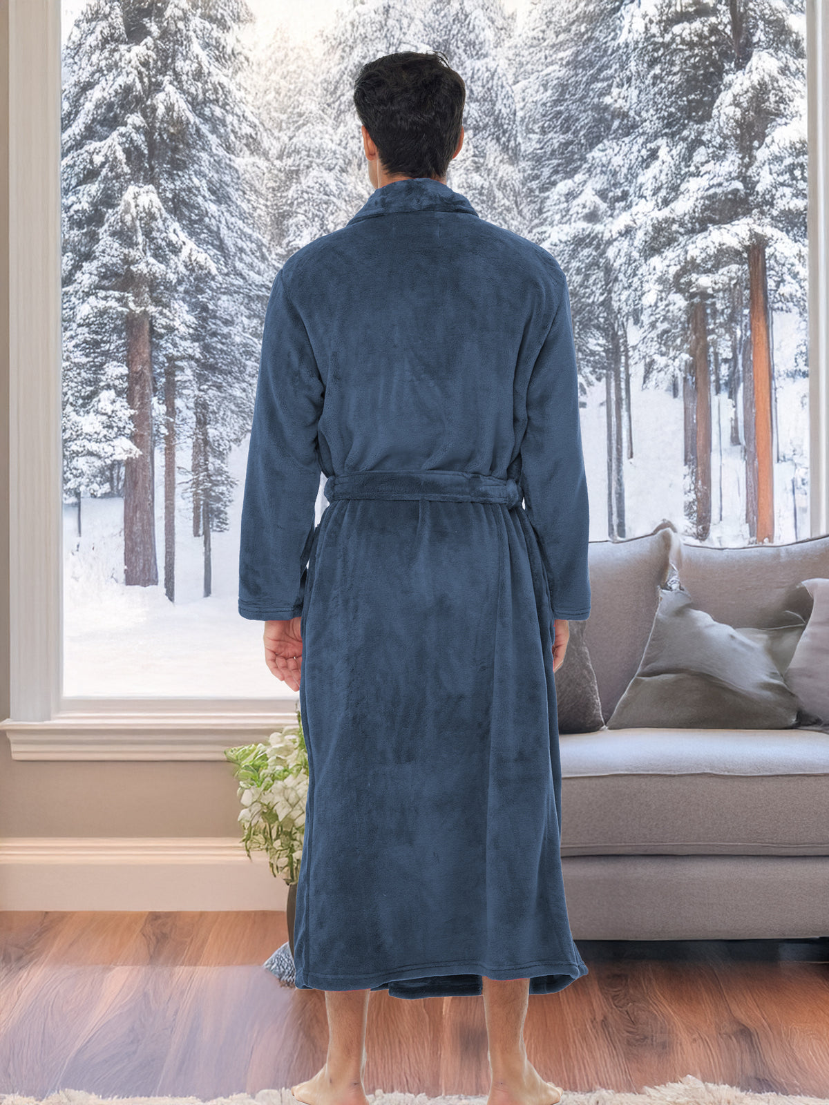 Men's Muted Navy Blue Ultra Plush Fleece Robe, Big and Tall Winter Bathrobe