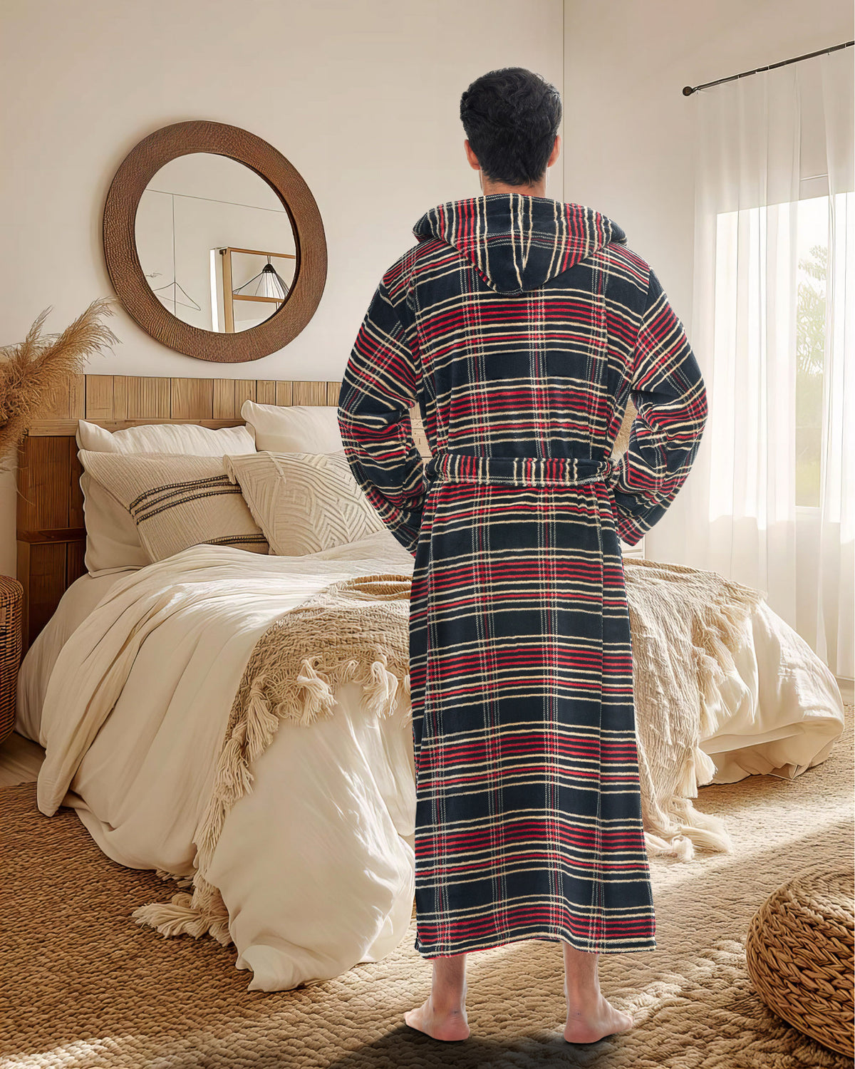 Men's Refined Tartan Plaid Plush Fleece Hooded Bathrobe, Full Length Long Warm Lounge Robe with Hood
