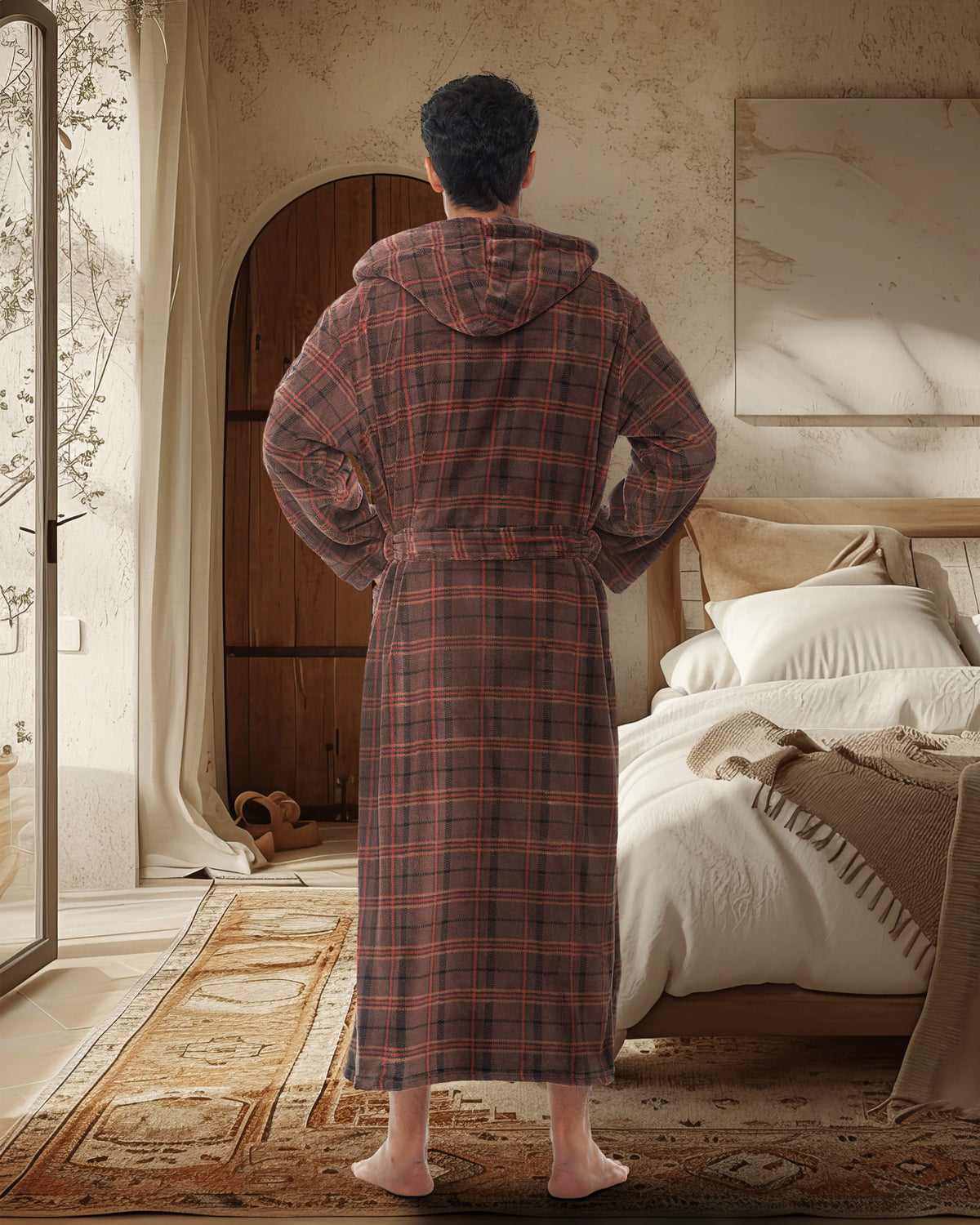 Men's Espresso Plaid Plush Fleece Hooded Bathrobe, Full Length Long Warm Lounge Robe with Hood
