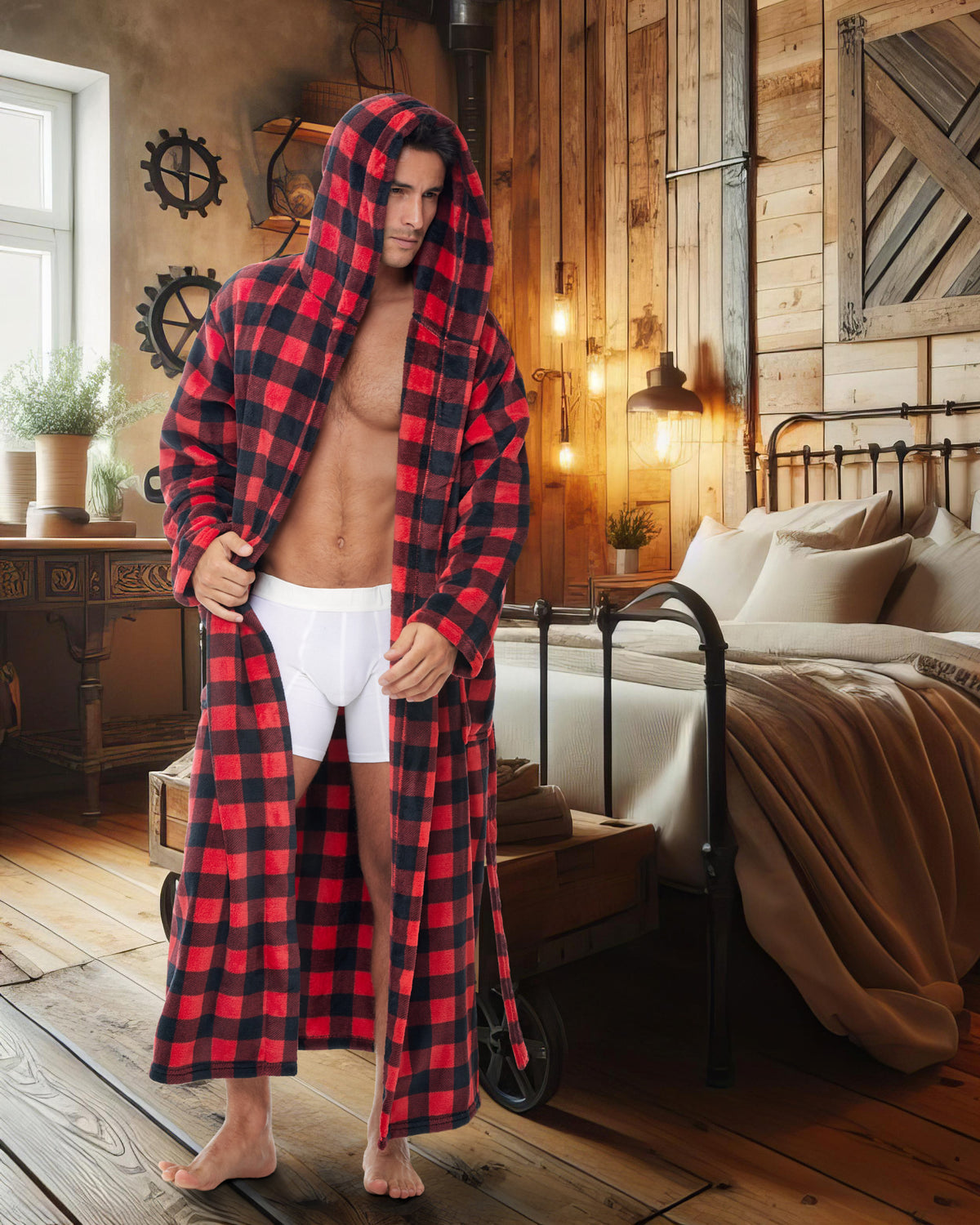 Men's Red Black Buffalo Check Plaid Plush Fleece Hooded Bathrobe, Full Length Long Warm Lounge Robe with Hood