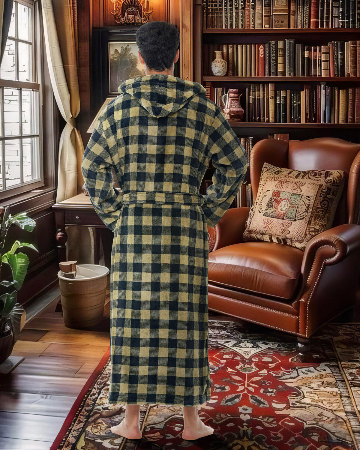 Men's Military Buffalo Check Plush Fleece Hooded Bathrobe, Full Length Long Warm Lounge Robe with Hood