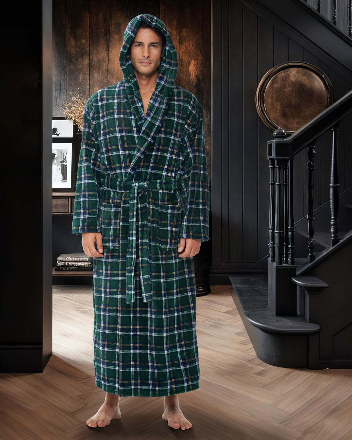 Men's Hunter Green Plaid Plush Fleece Hooded Bathrobe, Full Length Long Warm Lounge Robe with Hood