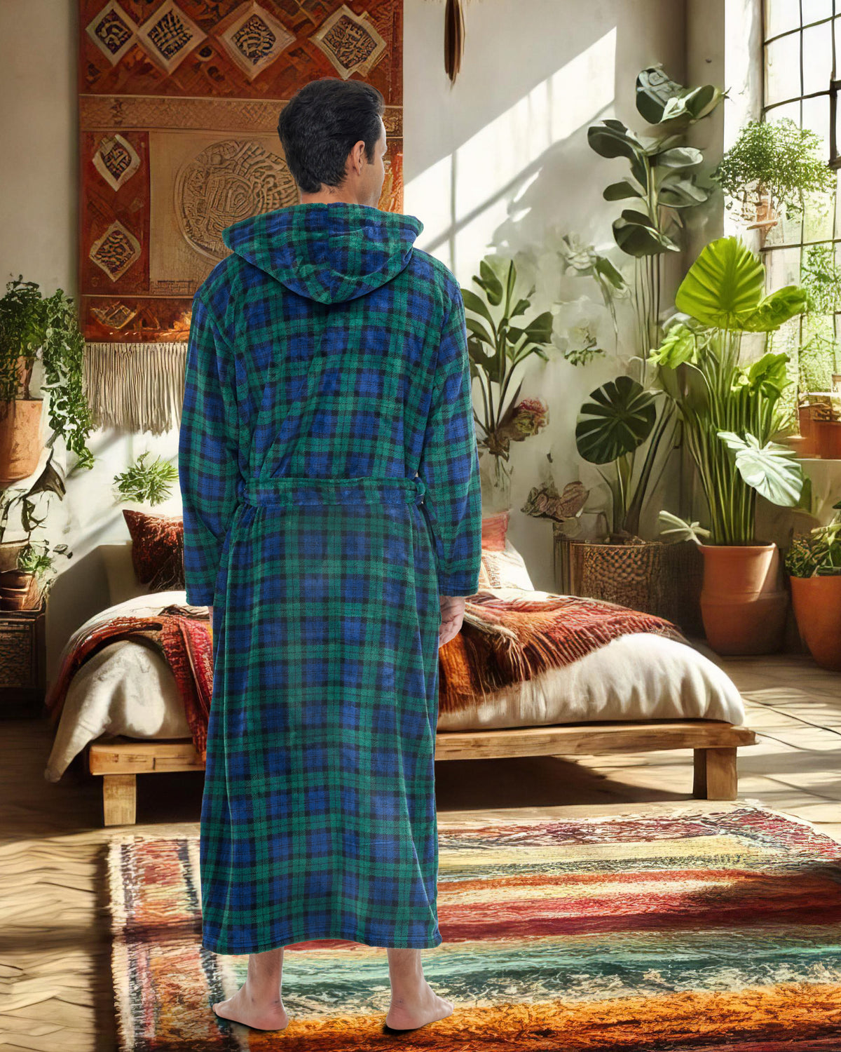 Men's Black Watch Tartan Plaid Plush Fleece Hooded Bathrobe, Full Length Long Warm Lounge Robe with Hood