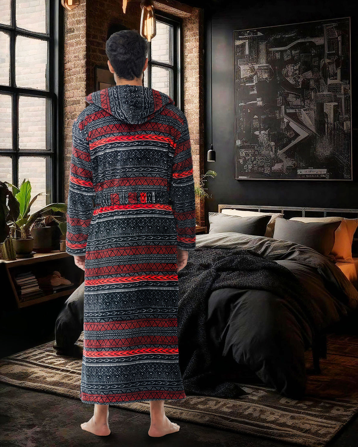 Men's Savannah Fusion Plush Fleece Hooded Bathrobe, Full Length Long Warm Lounge Robe with Hood