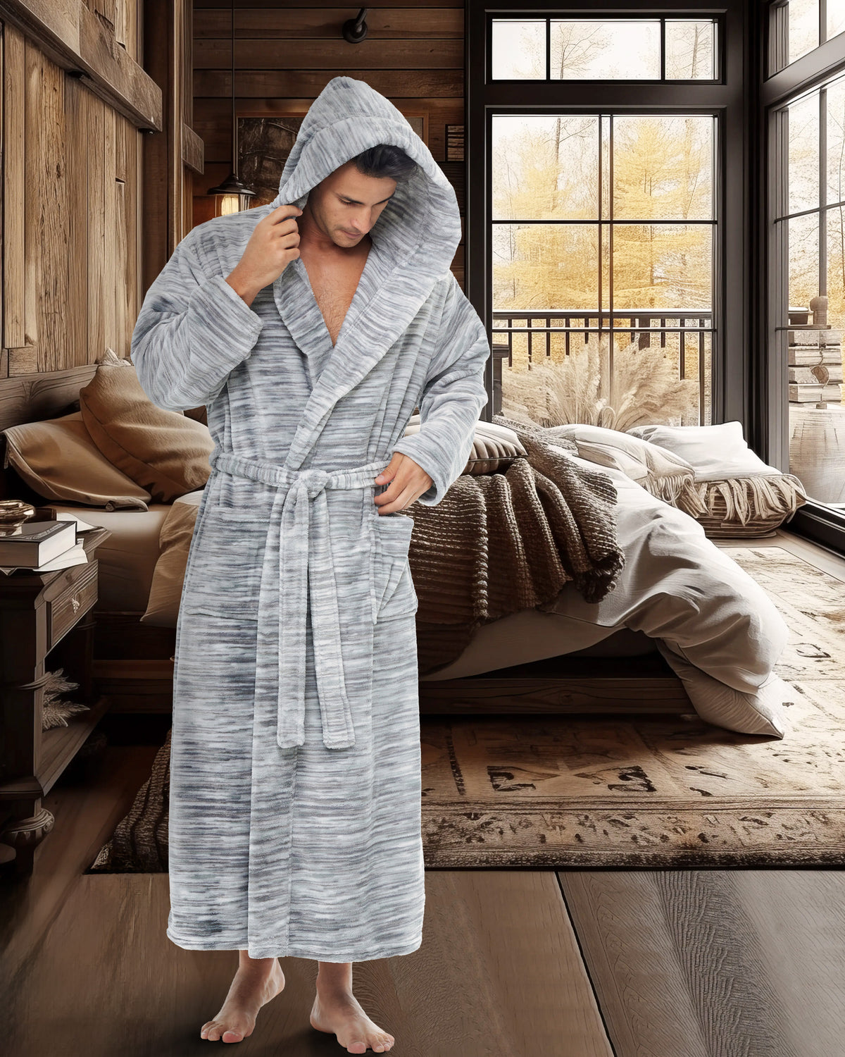 Men's Light Heathered Gray Plush Fleece Hooded Bathrobe, Full Length Long Warm Lounge Robe with Hood