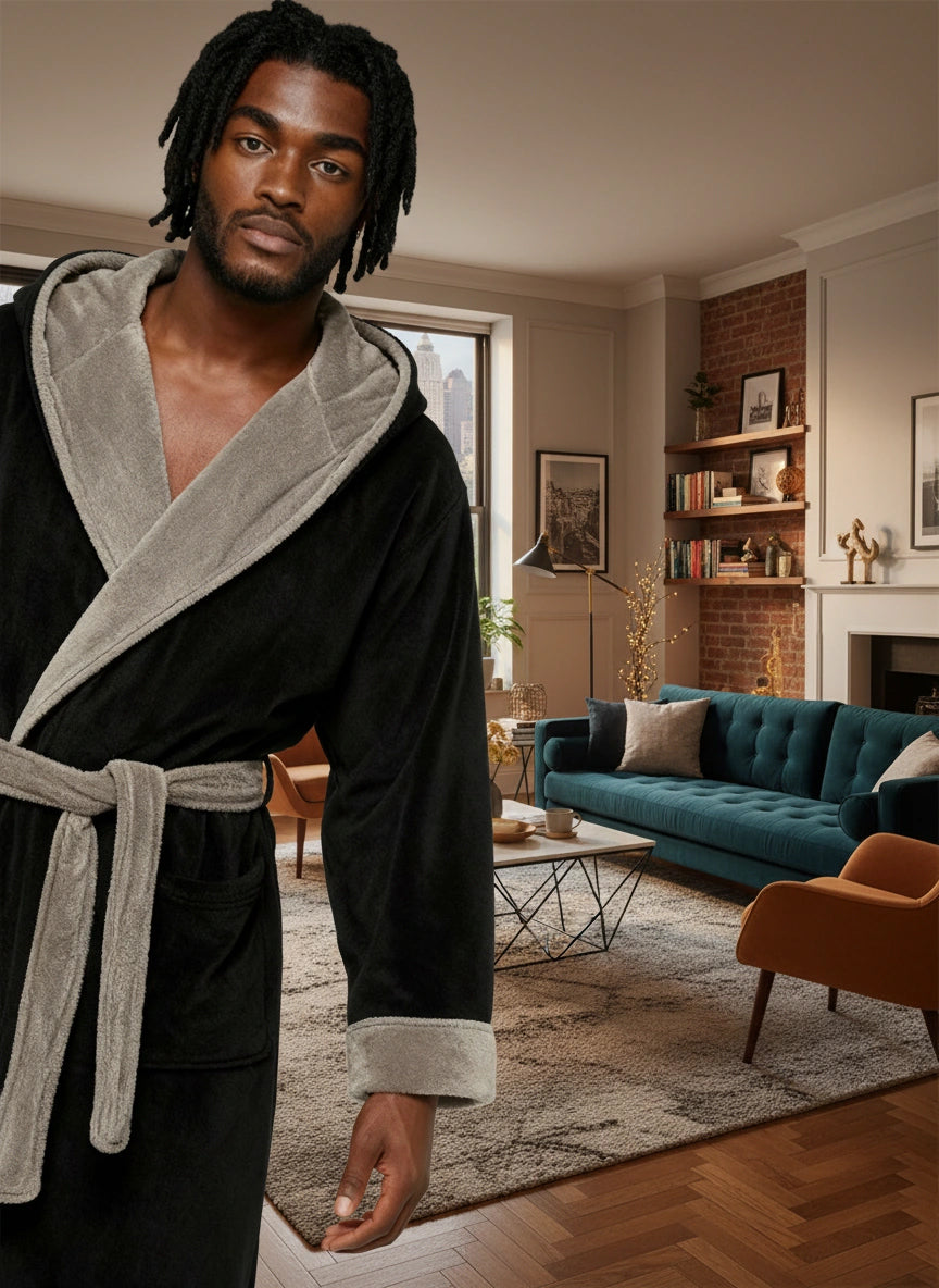 Men's Black and Tan Plush Fleece Hooded Bathrobe, Full Length Long Warm Lounge Robe with Hood