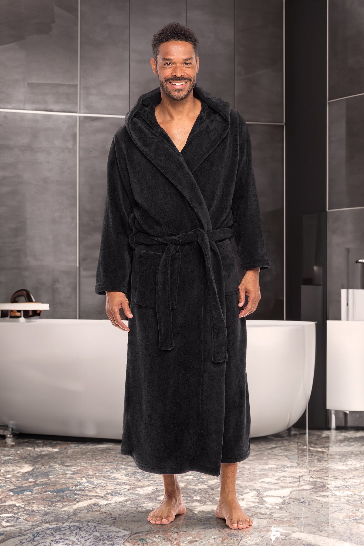 Men's Black Plush Fleece Hooded Bathrobe, Full Length Long Warm Lounge Robe with Hood