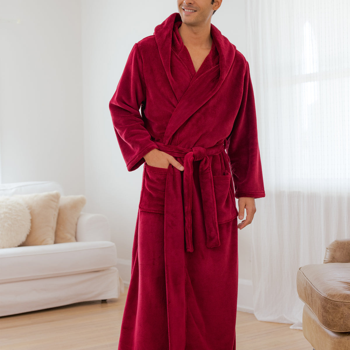 Men's Burgundy Plush Fleece Hooded Bathrobe, Full Length Long Warm Lounge Robe with Hood