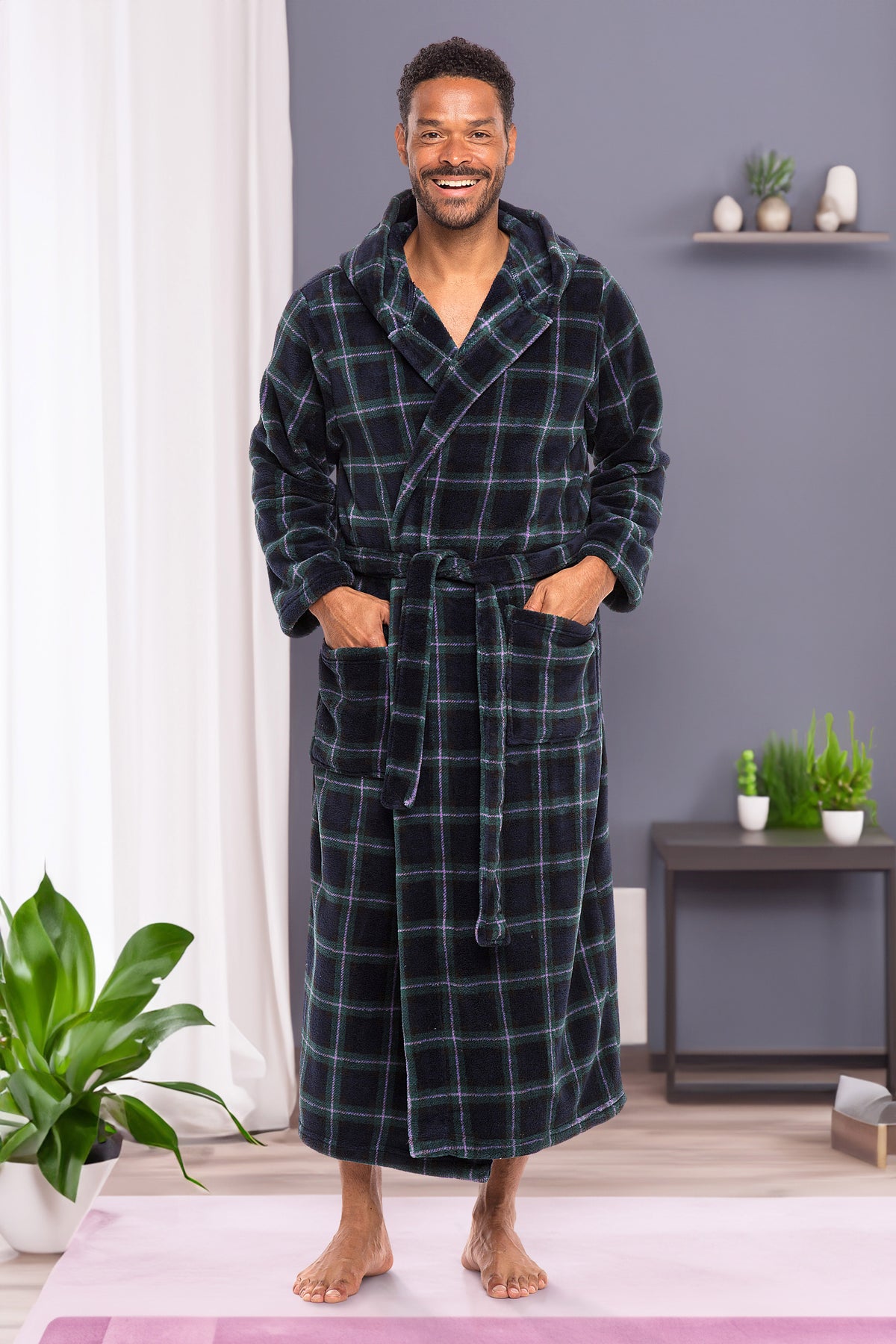 Men's Blue and Green Tartan Plaid Plush Fleece Hooded Bathrobe, Full Length Long Warm Lounge Robe with Hood