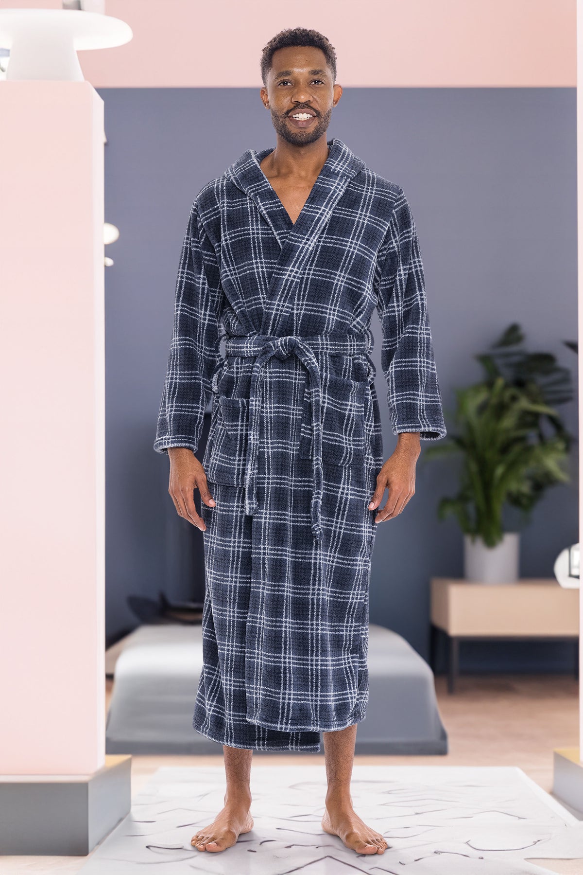 Men's Blue Gray Plaid Plush Fleece Hooded Bathrobe, Full Length Long Warm Lounge Robe with Hood