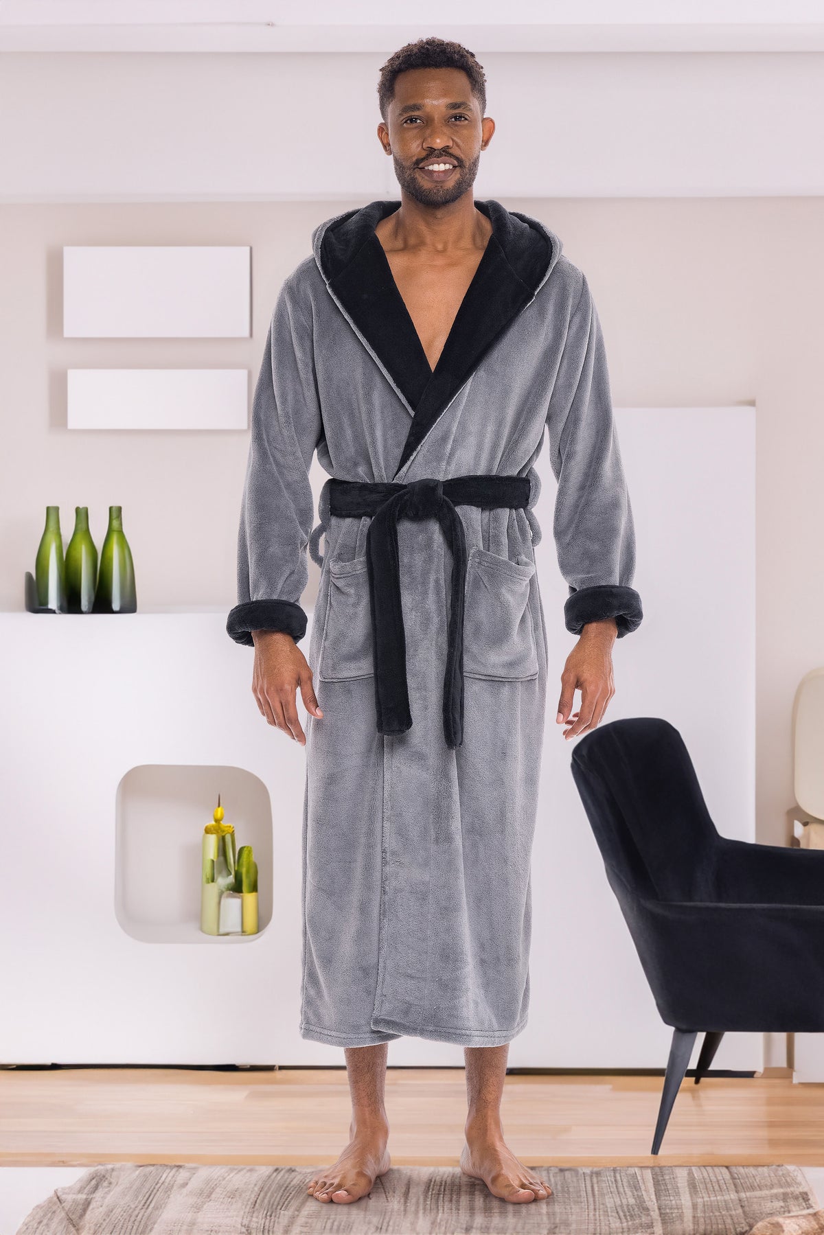 Men's Steel Gray with Black Plush Fleece Hooded Bathrobe, Full Length Long Warm Lounge Robe with Hood