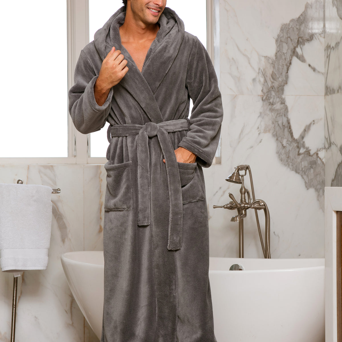 Men's Steel Gray Plush Fleece Hooded Bathrobe, Full Length Long Warm Lounge Robe with Hood