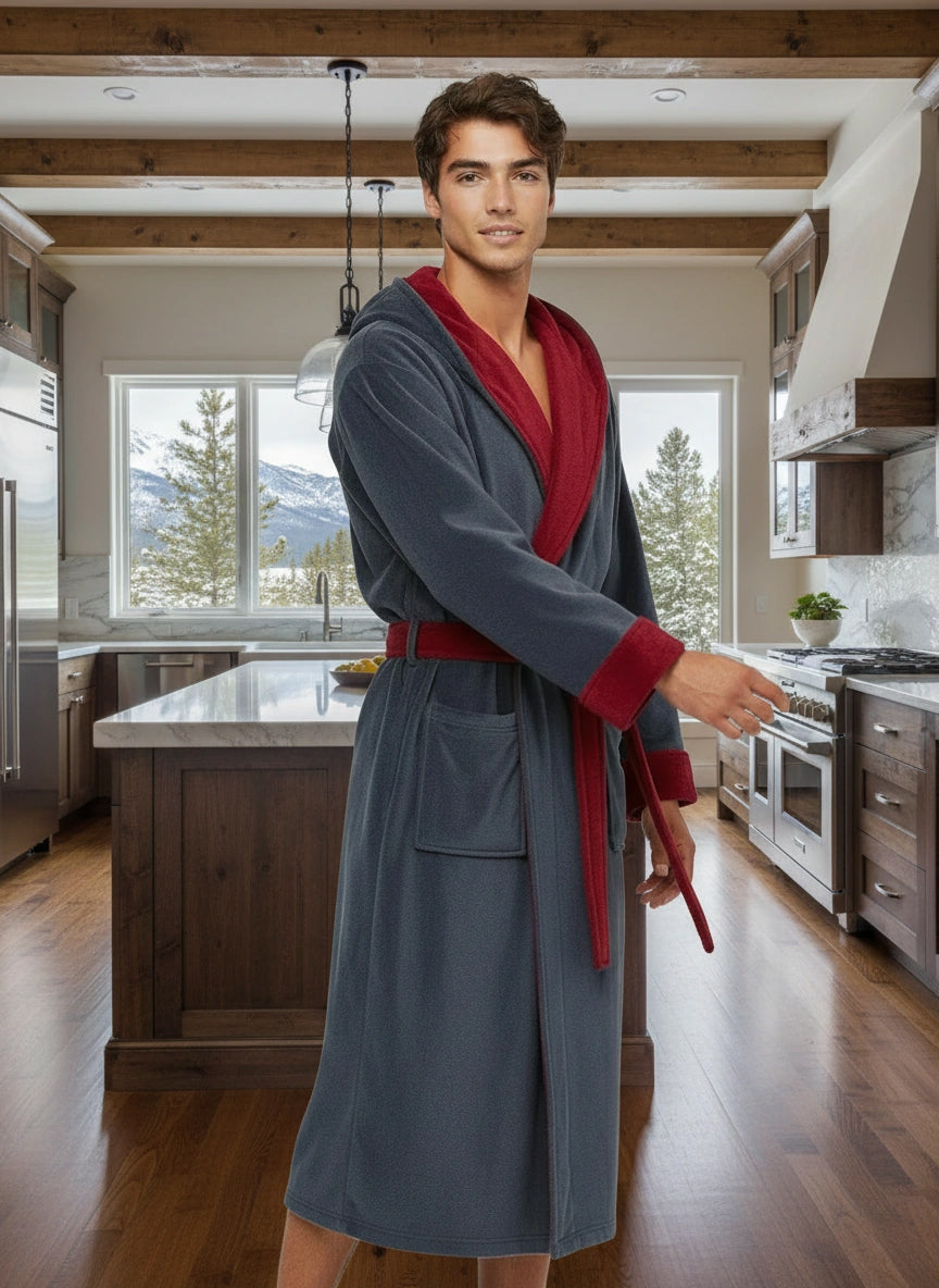 Men's Blue and Burgundy Plush Fleece Hooded Bathrobe, Full Length Long Warm Lounge Robe with Hood