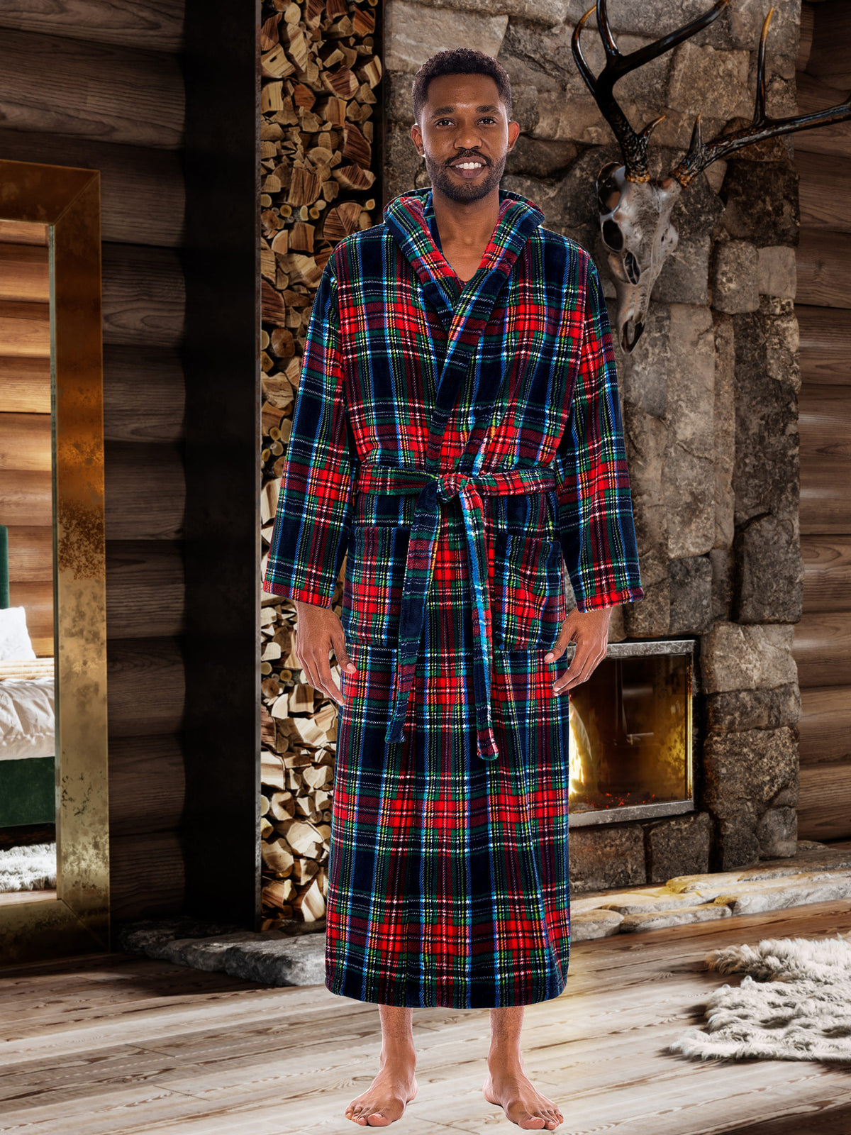 Men's Classic Tartan Plaid Blue Plush Fleece Hooded Bathrobe, Full Length Long Warm Lounge Robe with Hood