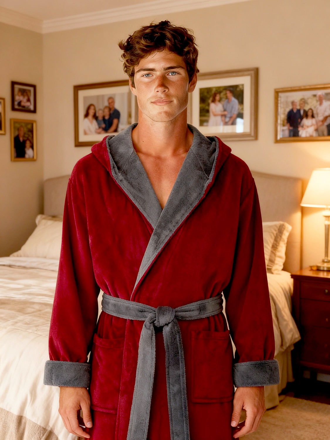 Men's Burgundy and Blue Plush Fleece Hooded Bathrobe, Full Length Long Warm Lounge Robe with Hood
