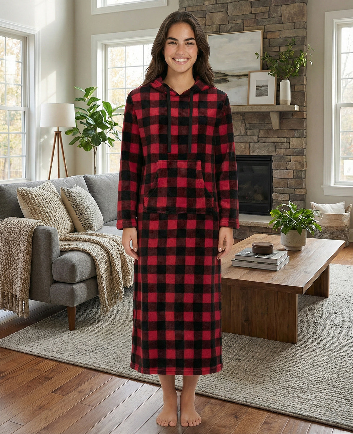 Women's Red Black Buffalo Check Plush Sweatshirt Robe with Pockets, Long Hooded Fleece Duster Kaftan