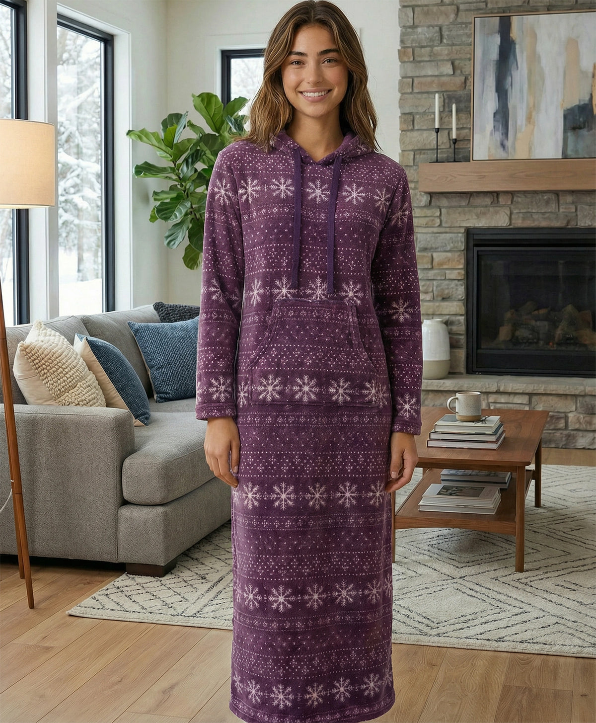 Women's Snowflake Fair Isle Purple Plush Sweatshirt Robe with Pockets, Long Hooded Fleece Duster Kaftan