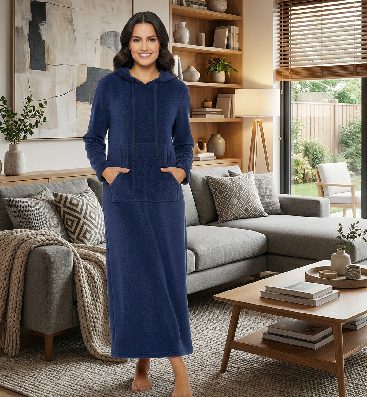 Women's Navy Blue Plush Sweatshirt Robe with Pockets, Long Hooded Fleece Duster Kaftan