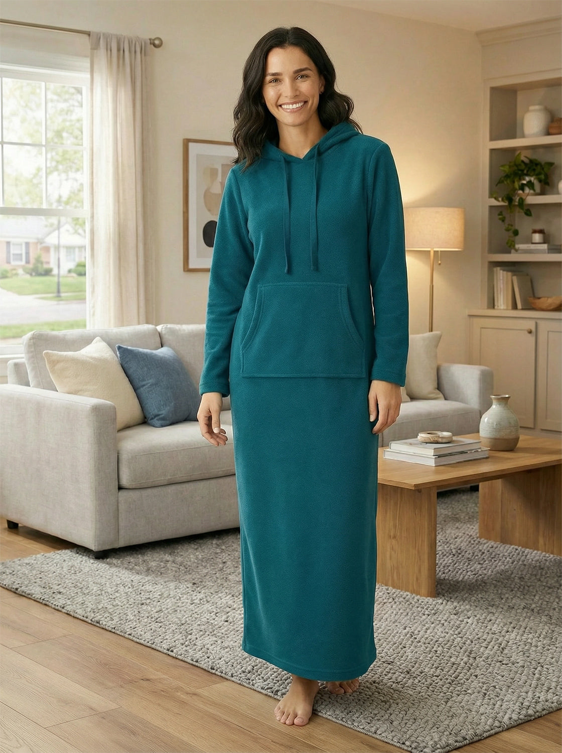 Women's Turquoise Plush Sweatshirt Robe with Pockets, Long Hooded Fleece Duster Kaftan