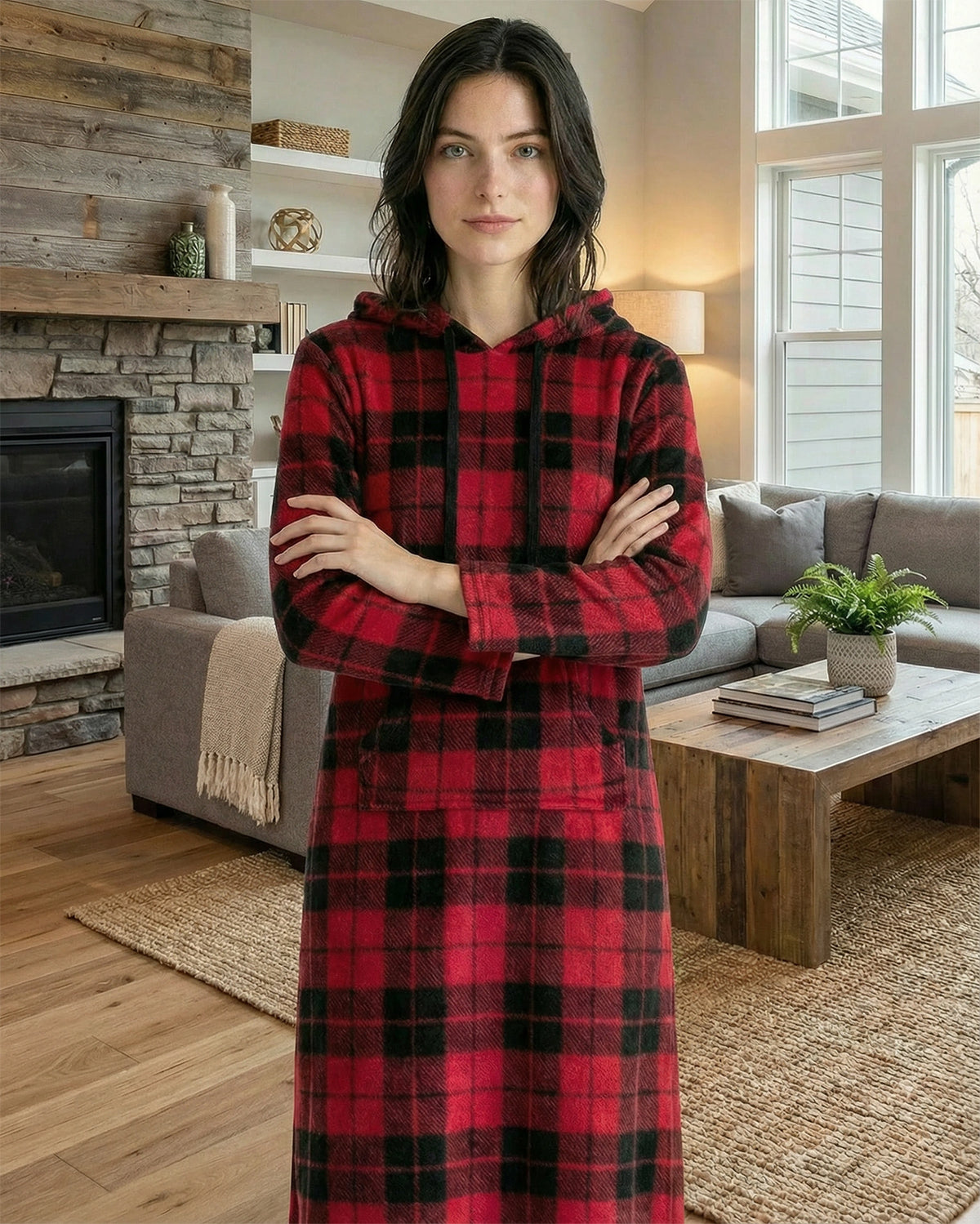 Women's Red Black Plaid Plush Sweatshirt Robe with Pockets, Long Hooded Fleece Duster Kaftan