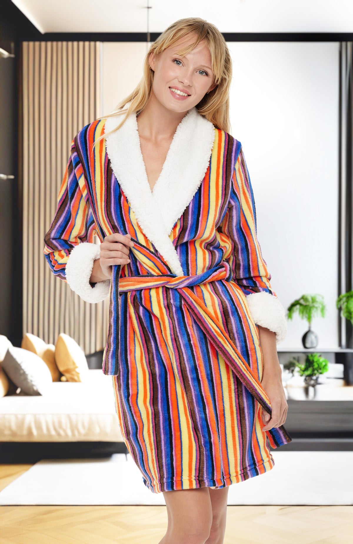 Women's Candy Striped Classic Plush Robe, Short Fleece Bathrobe Solids