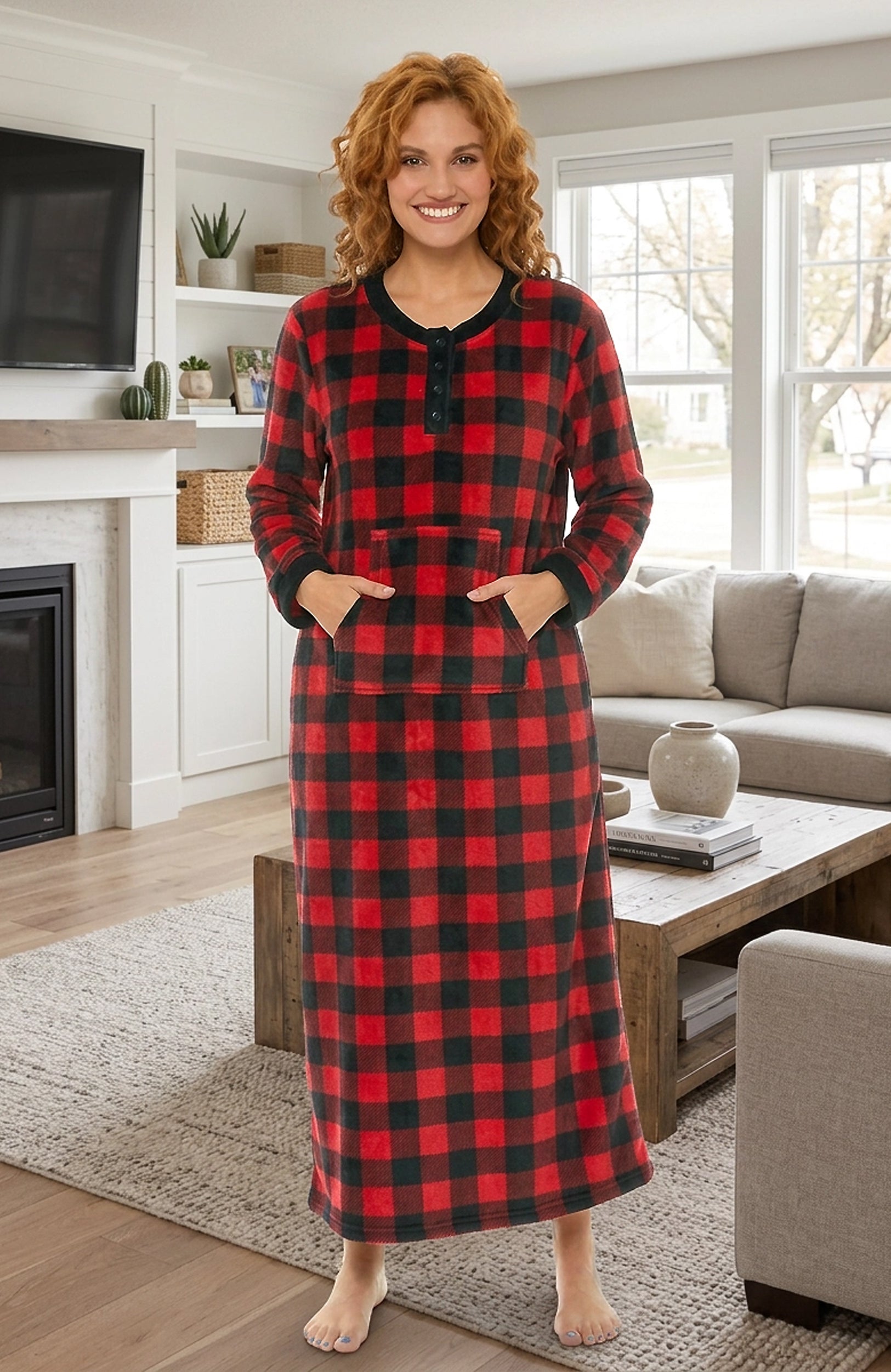 ADR Women's Plush Fleece Nightgown Woman, Long Cozy Kaftan with Pockets,  Plaid & Solid Colors  Alexander Del Rossa, a Mystic Clothing brand.