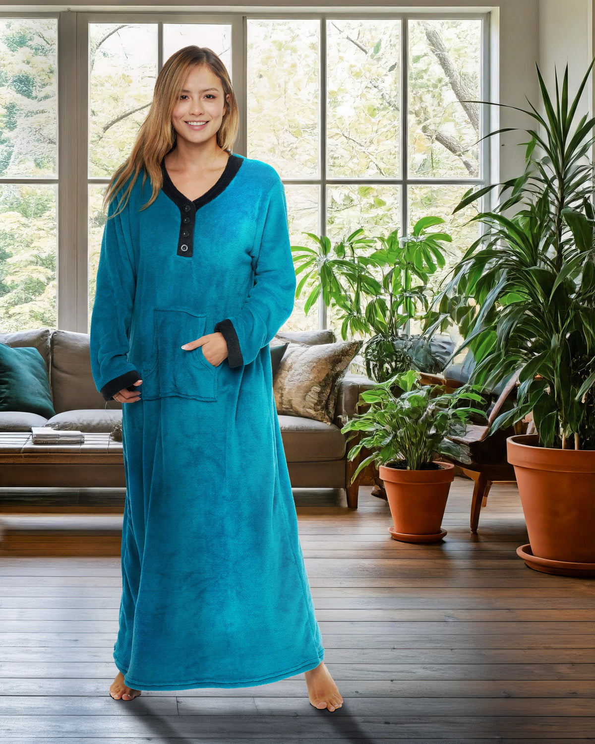 Women's Turquoise Warm Fleece Long Nightgown, Long Kaftan with Pockets for Winter