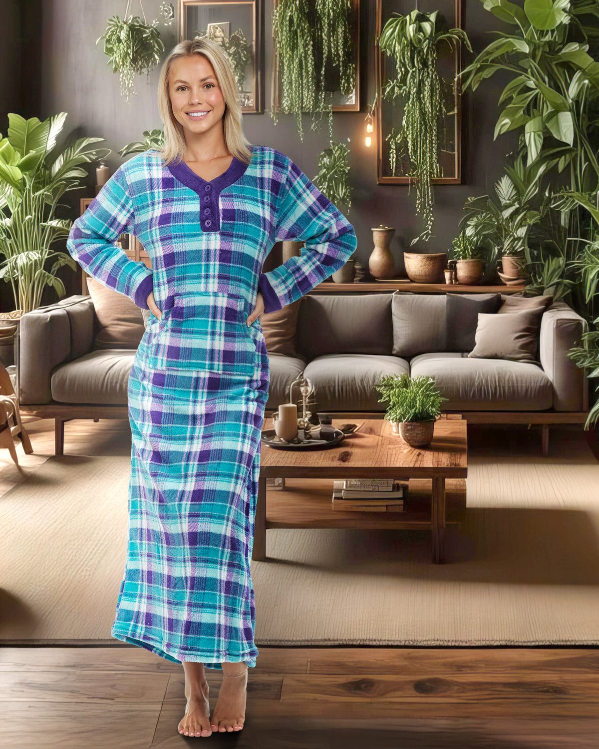 Women's Purple and Teal Plaid Warm Fleece Long Nightgown, Long Kaftan with Pockets for Winter