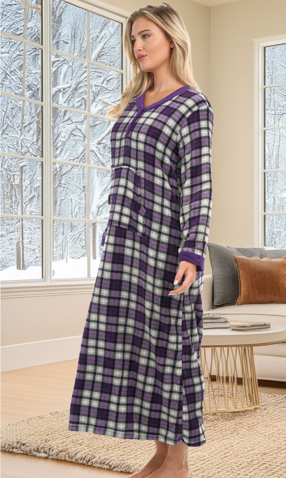 Women's Lavender Tartan Plaid Warm Fleece Long Nightgown, Long Kaftan with Pockets for Winter