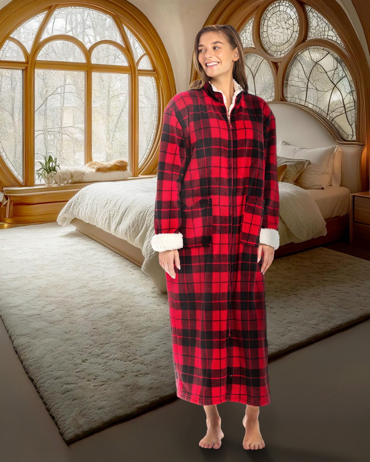 Women's Red Black Plaid with Cream Zip Up Plush Robe, Oversized Bathrobe with Two Way Zipper