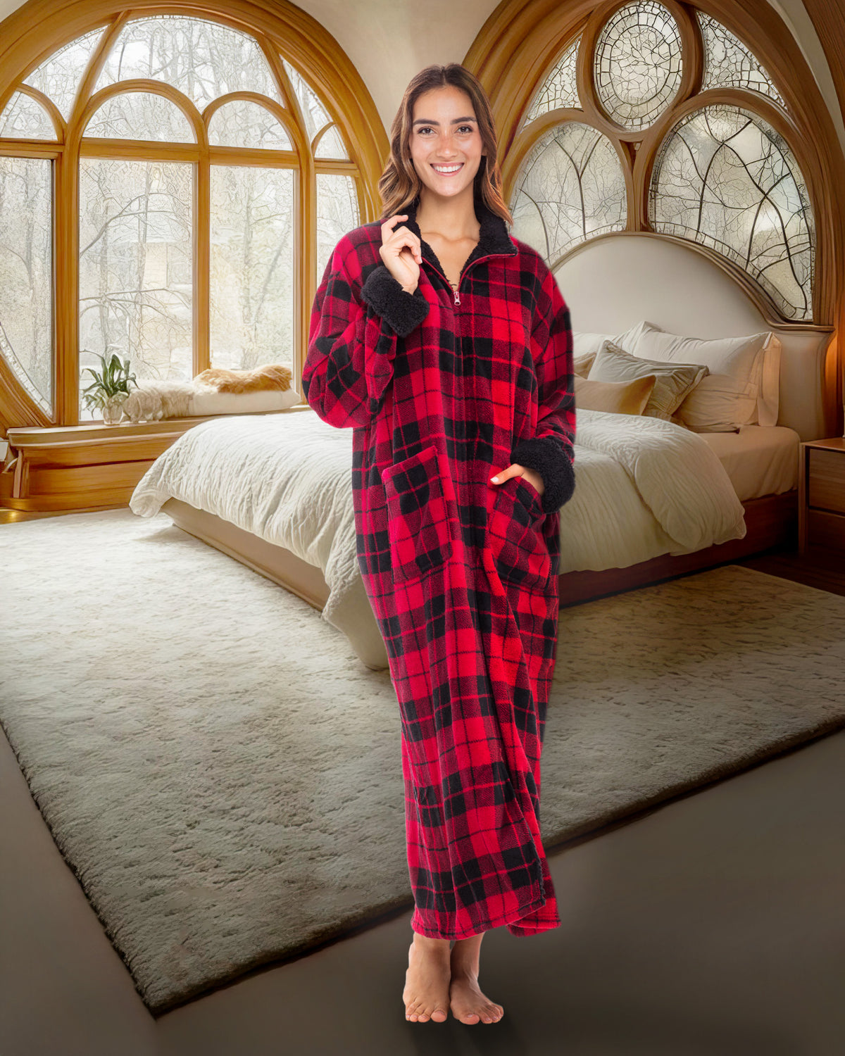 Women's Red Black Plaid with Black Zip Up Plush Robe, Oversized Bathrobe with Two Way Zipper