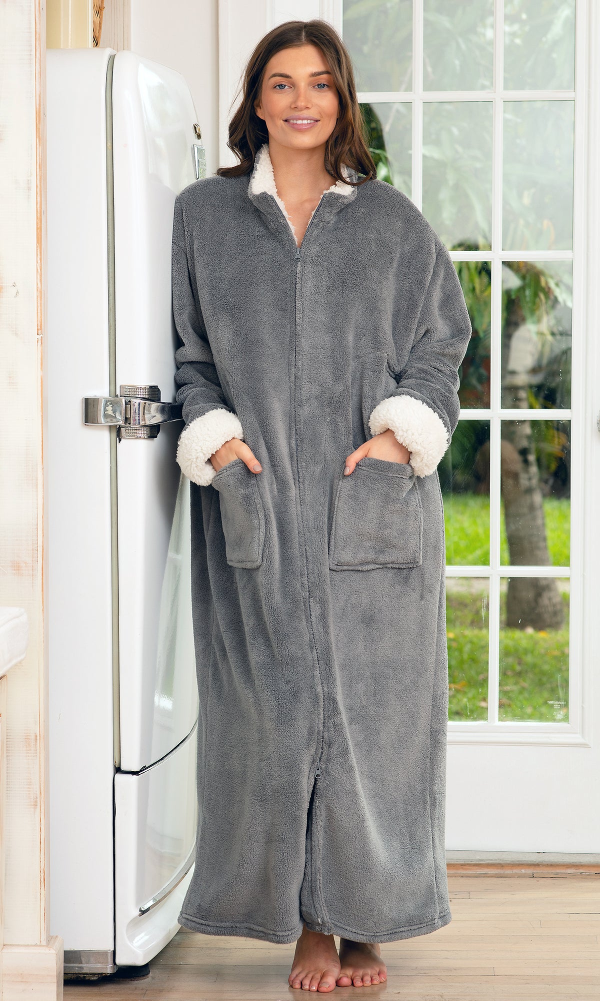 Women's Steel Gray with Cream Zip Up Plush Robe, Oversized Bathrobe with Two Way Zipper
