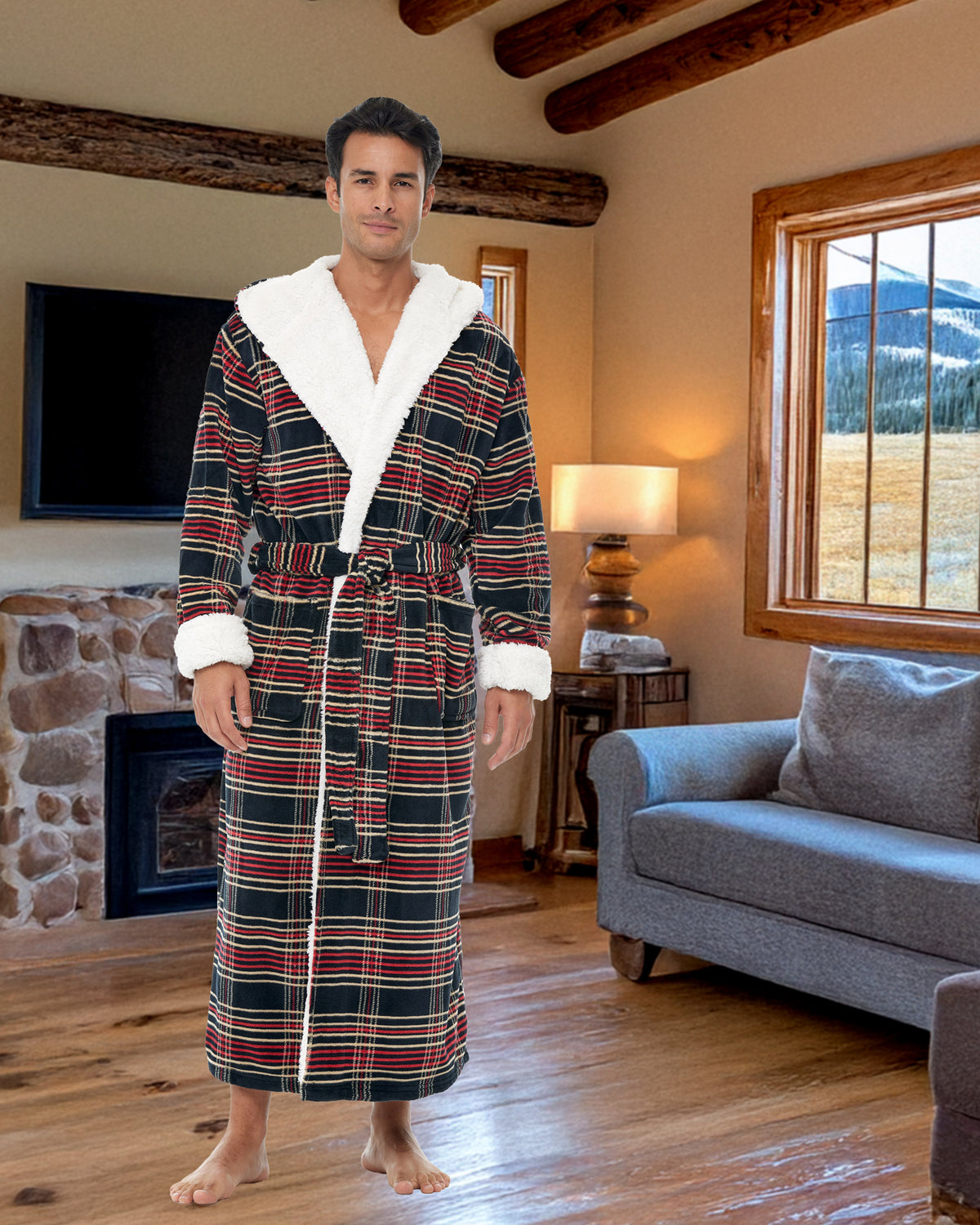 Men's Refined Tartan Plaid Long Hooded Sherpa Robe, Hooded Big and Tall Plush Fleece Hoodie Bathrobe