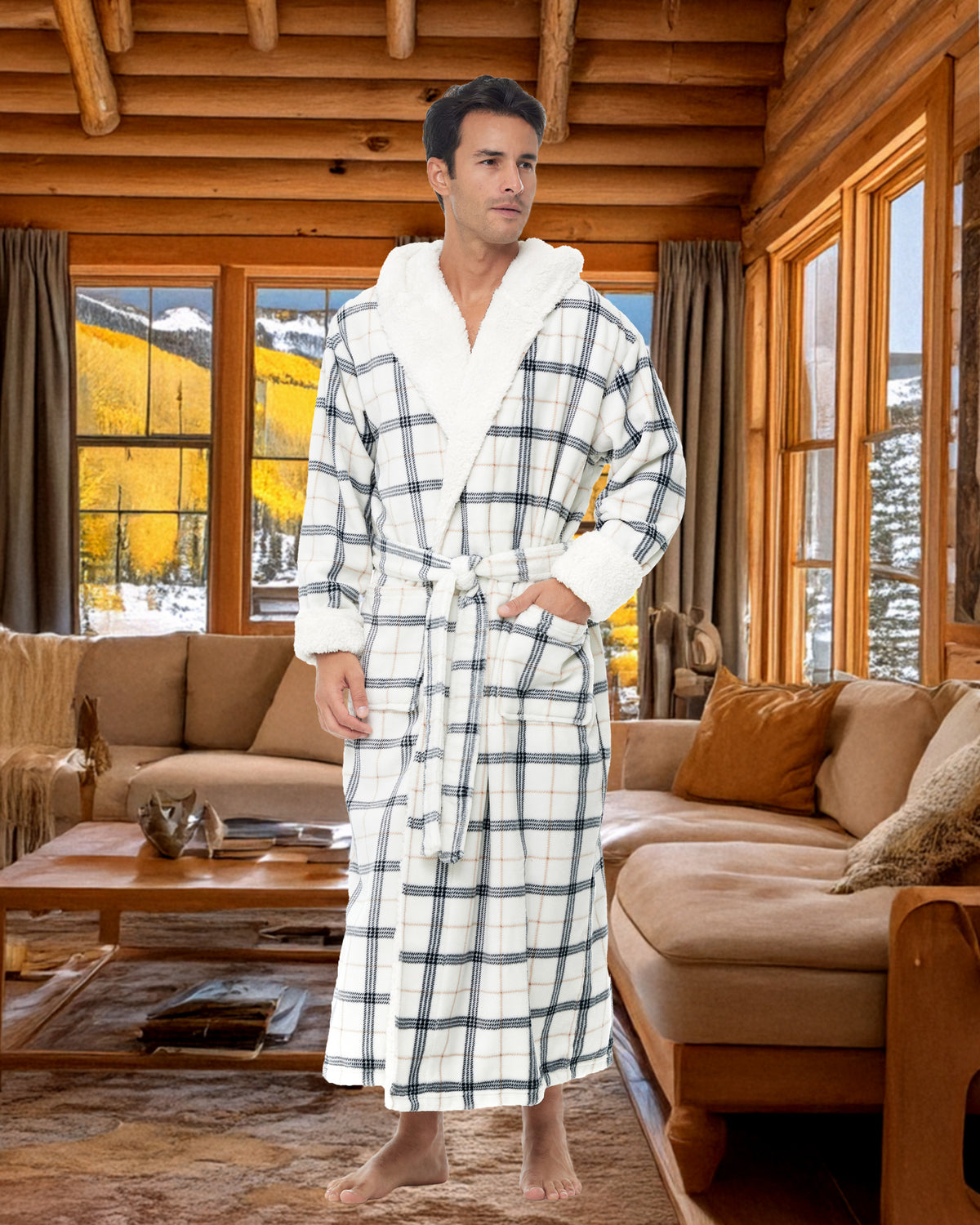 Men's Classic Neutral Plaid Long Hooded Sherpa Robe, Hooded Big and Tall Plush Fleece Hoodie Bathrobe