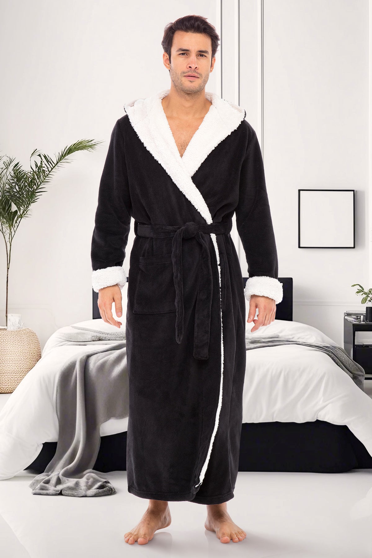 Men's Black with Cream Long Hooded Sherpa Robe, Hooded Big and Tall Plush Fleece Hoodie Bathrobe