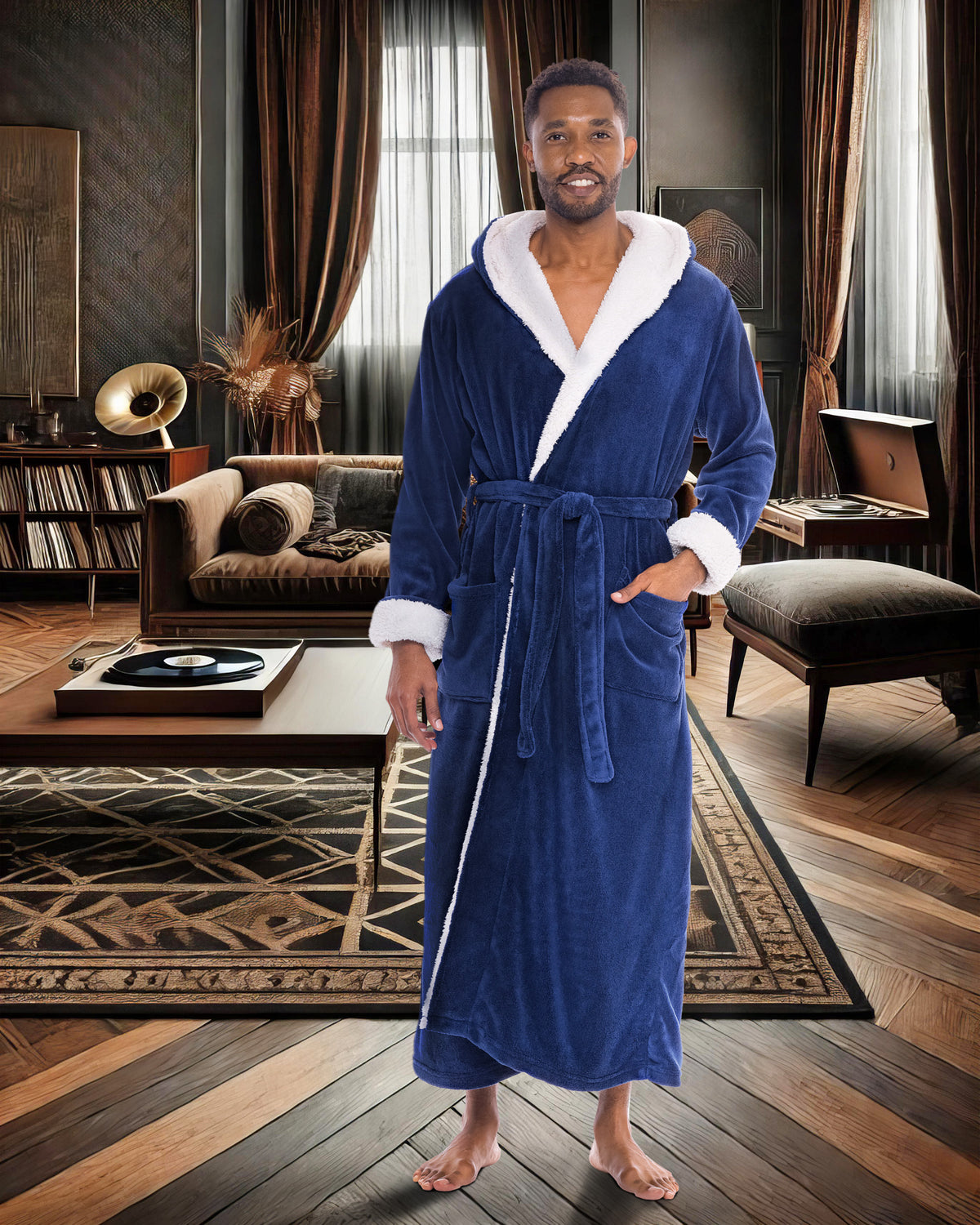 Men's Navy Blue with Cream Long Hooded Sherpa Robe, Hooded Big and Tall Plush Fleece Hoodie Bathrobe