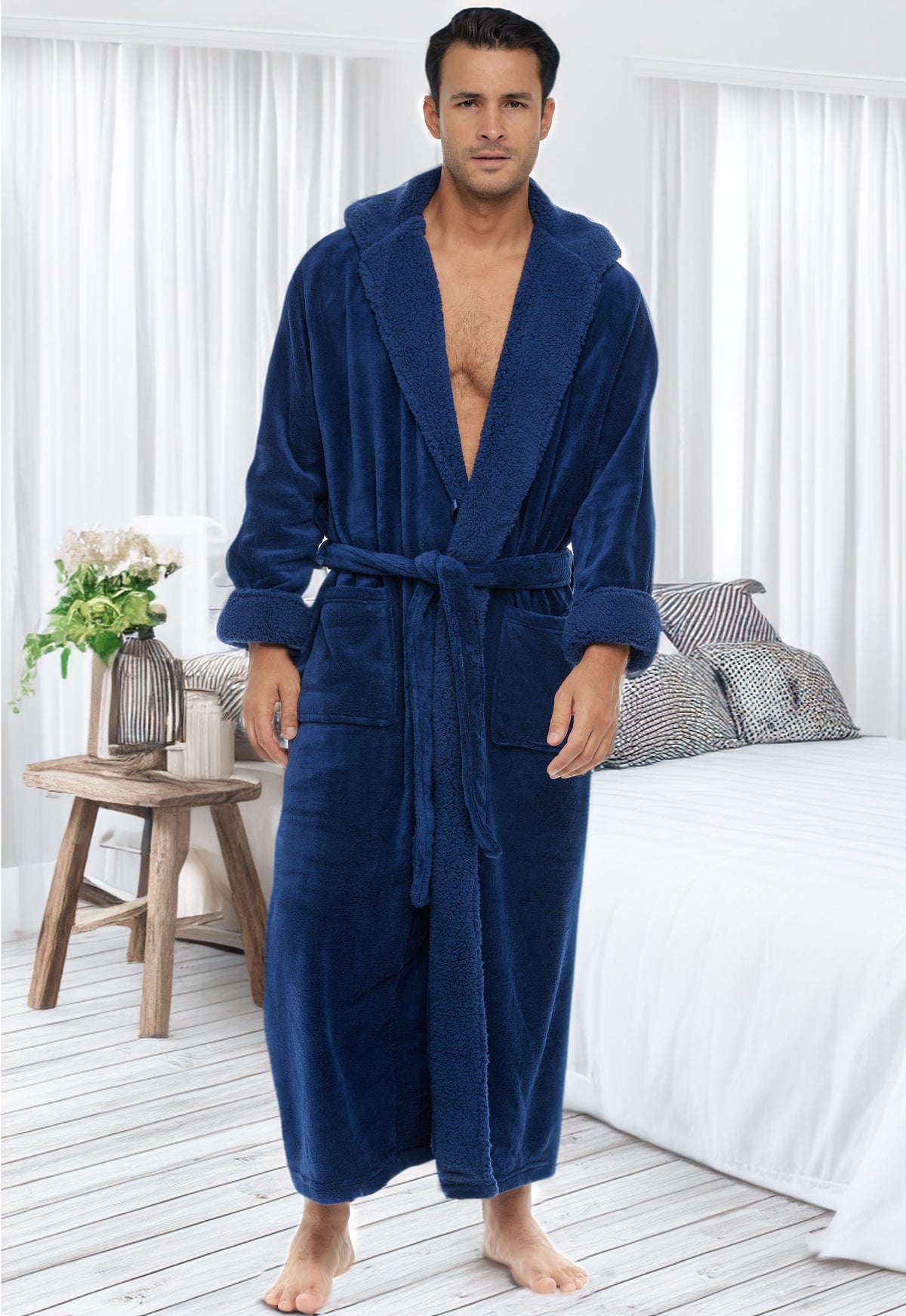 Men's Navy Blue Long Hooded Sherpa Robe, Hooded Big and Tall Plush Fleece Hoodie Bathrobe
