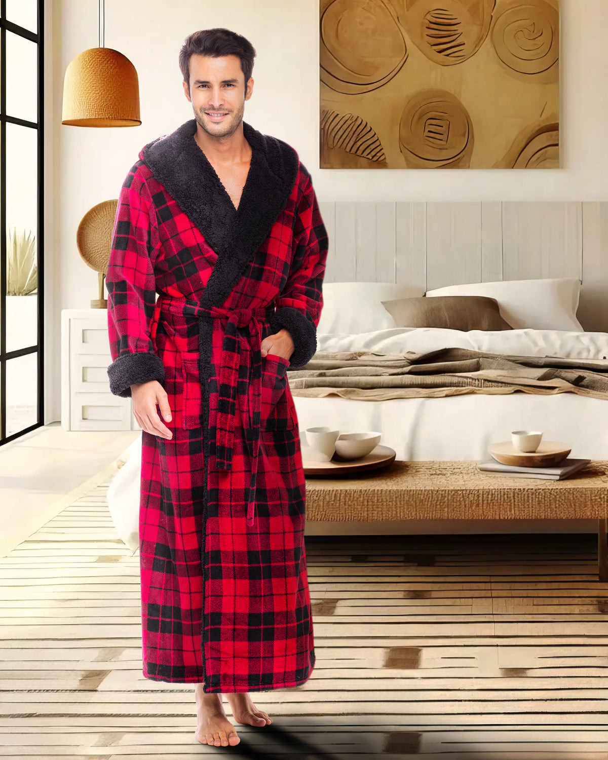 Men's Red Black Plaid with Black Long Hooded Sherpa Robe, Hooded Big and Tall Plush Fleece Hoodie Bathrobe