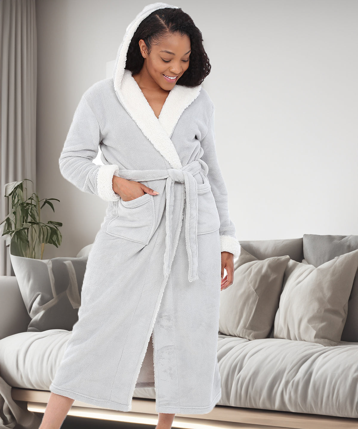 Women's Light Gray Warm Fleece Sherpa Robe with Hood, Long Plush Hoodie Sherpa Bathrobe