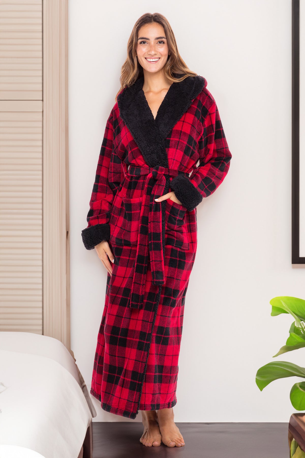 Women's Red Black Plaid with Black Warm Fleece Sherpa Robe with Hood, Long Plush Hoodie Sherpa Bathrobe