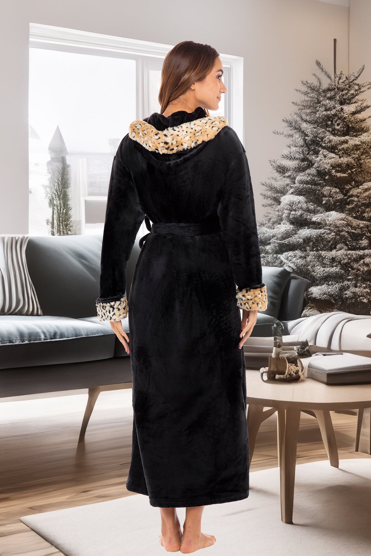 Women's Black with Leopard Print Winter Robe with Faux Fur Feather, Plush Fleece Hooded Bathrobe